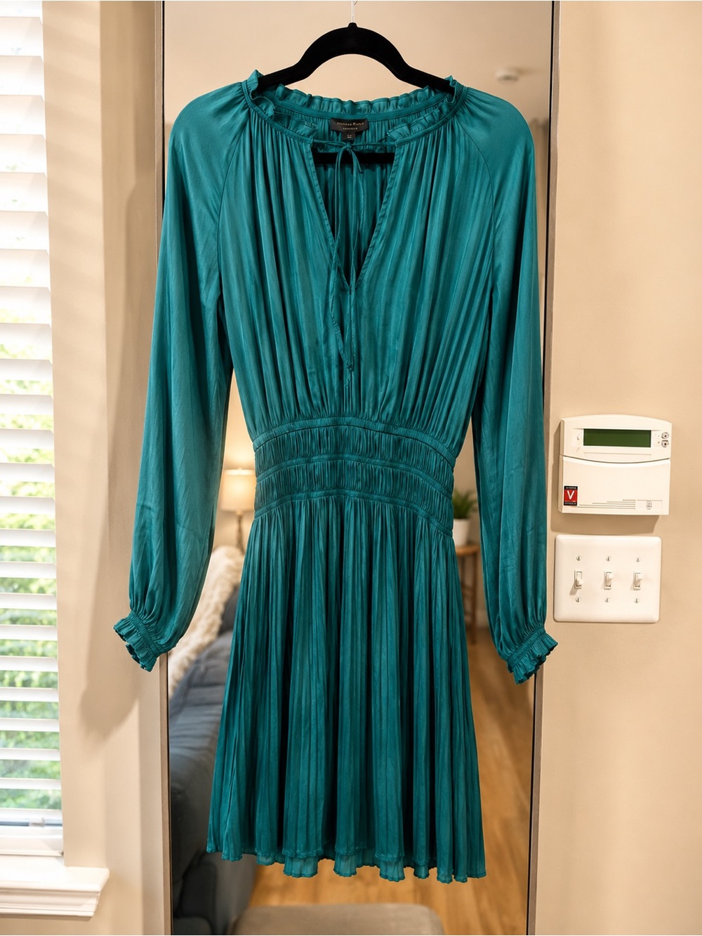 Current Air Teal Long-Sleeve Pleated Waist Dress